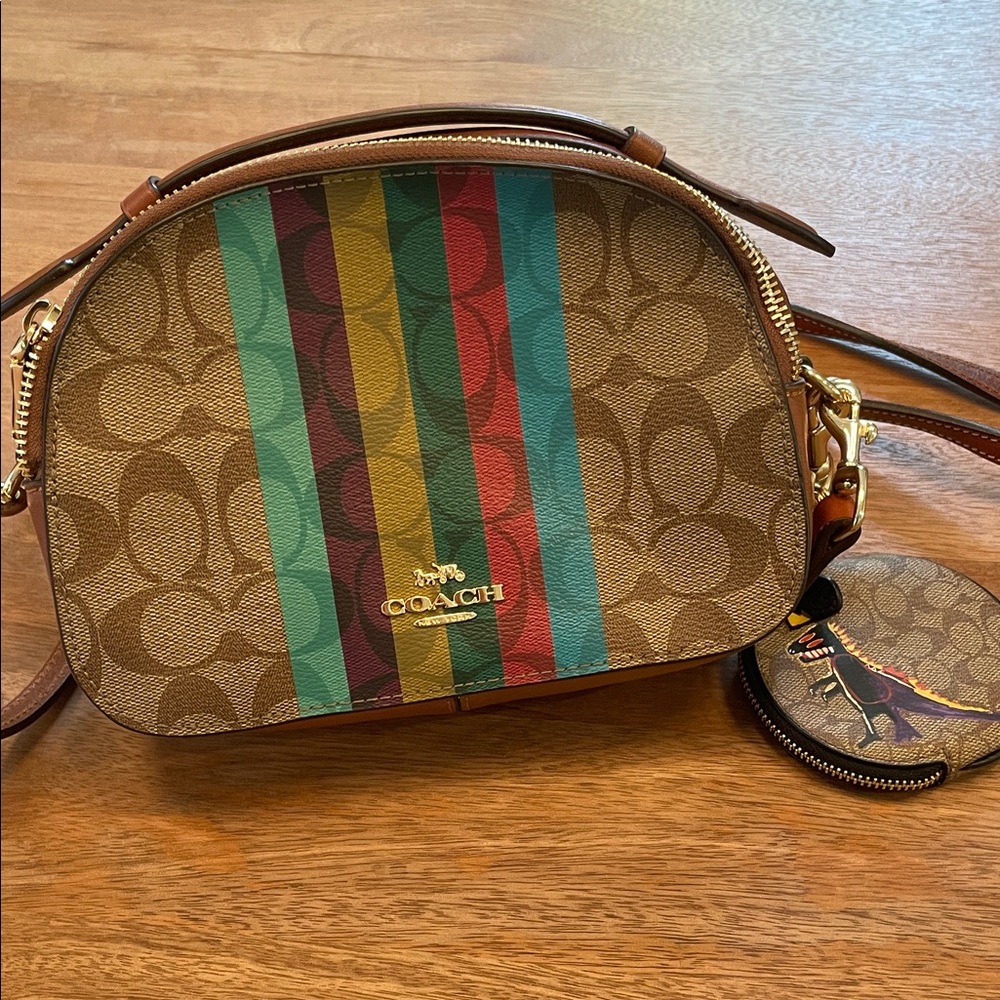 Coach Signature Brown Crossbody with Multicolor Stripes